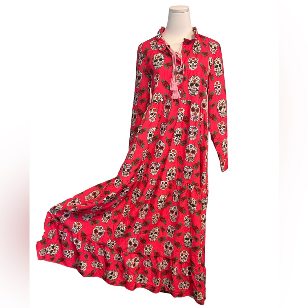Candy Skull Bright Pink Prairie Cottage Style Maxi Boho Dress Women’s Size M